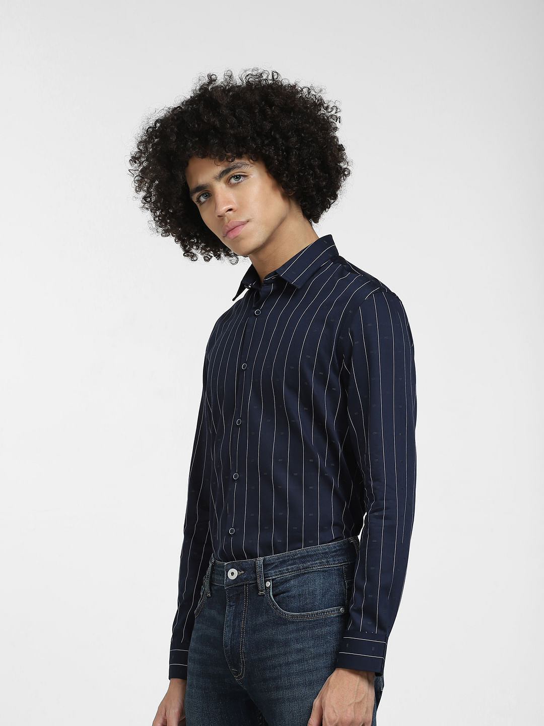 Navy Blue Striped Full Sleeves Shirt