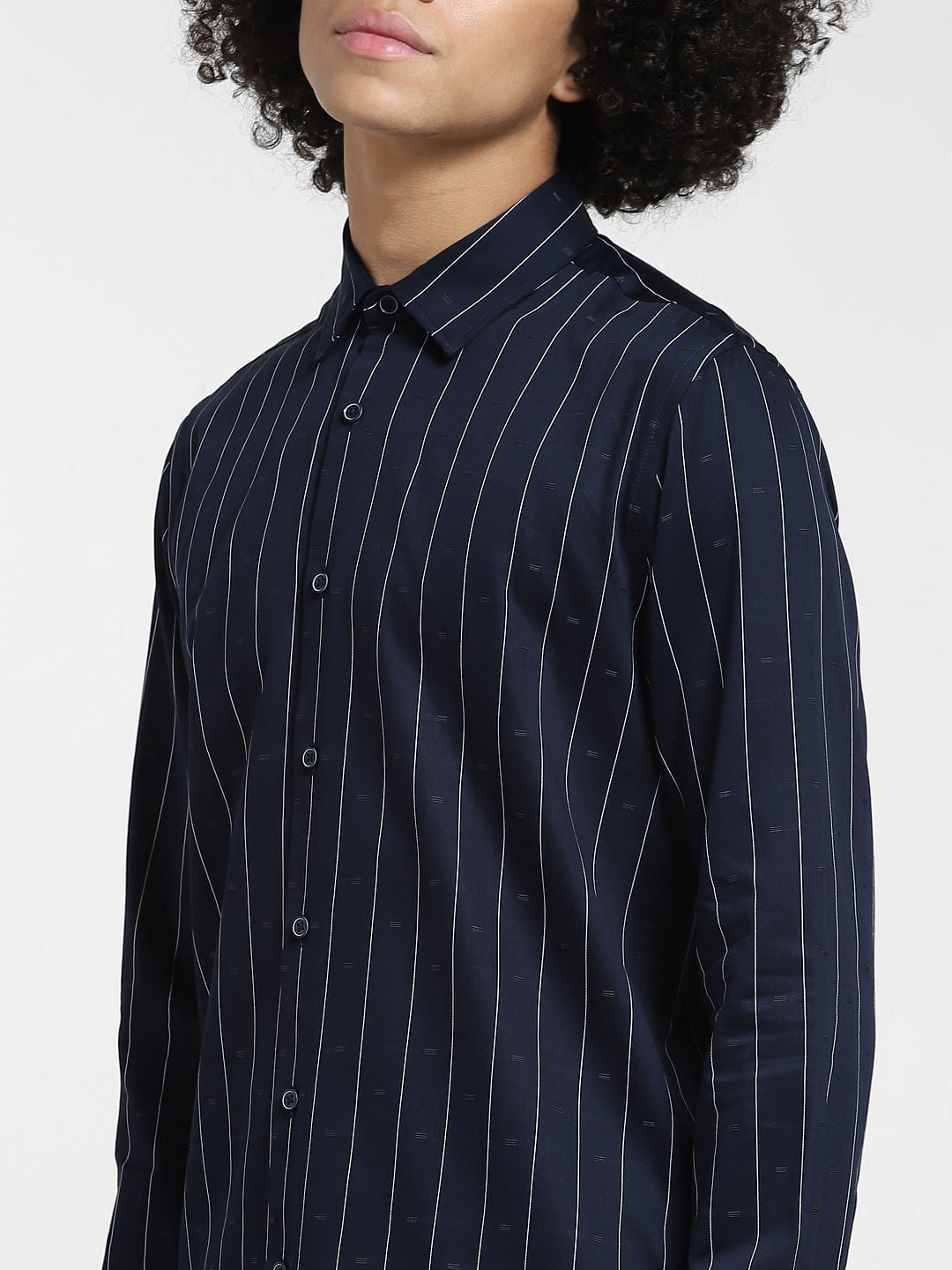 Navy Blue Striped Full Sleeves Shirt