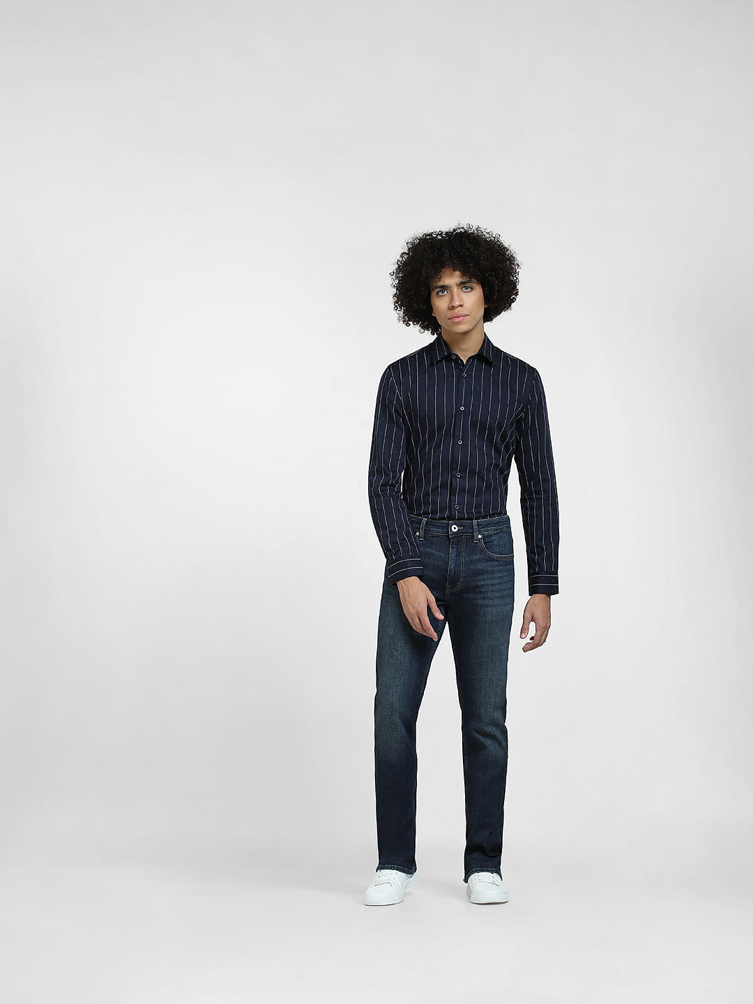 Navy Blue Striped Full Sleeves Shirt
