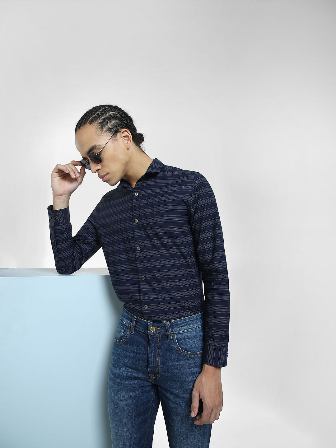 Navy Blue Striped Full Sleeves Shirt