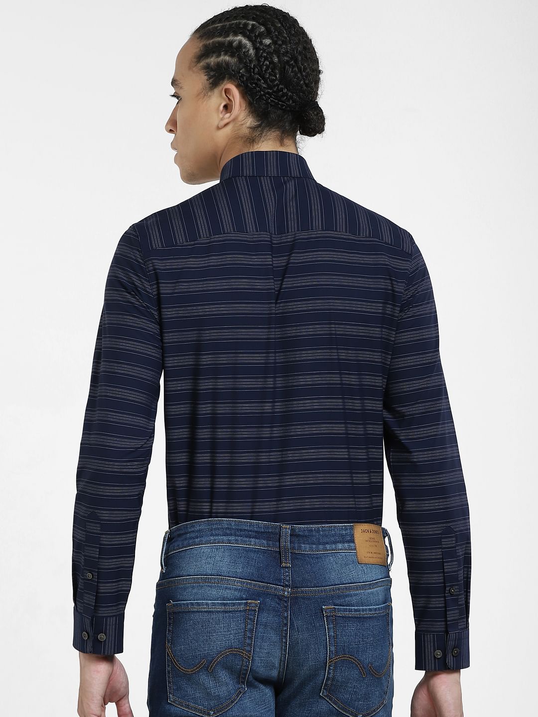 Navy Blue Striped Full Sleeves Shirt