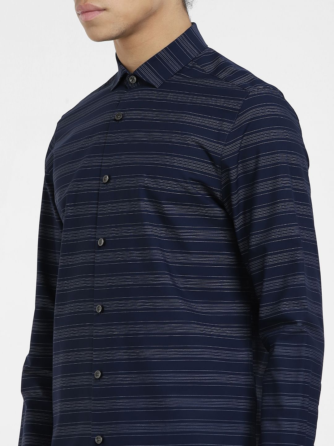 Navy Blue Striped Full Sleeves Shirt