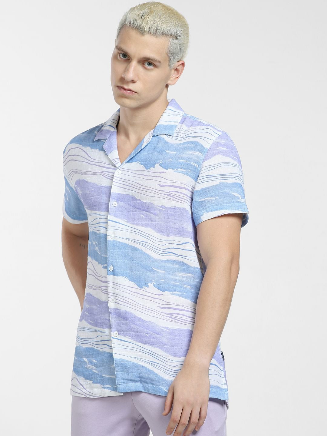 Light Blue Printed Short Sleeves Shirt