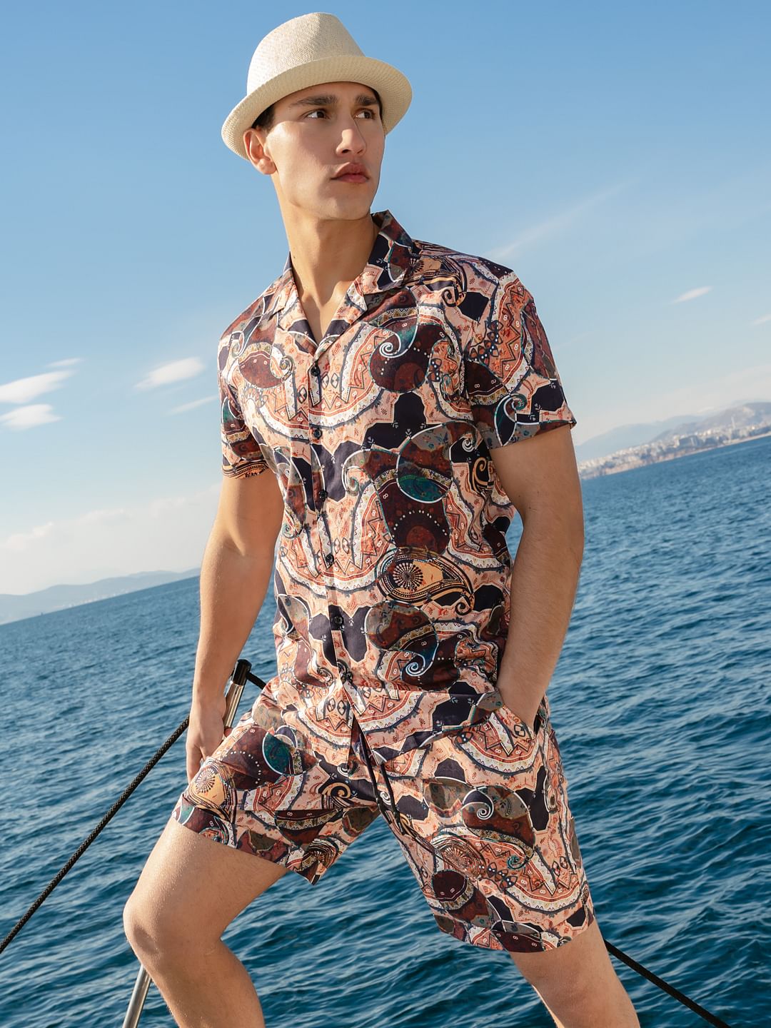 Brown Printed Short Sleeves Shirt