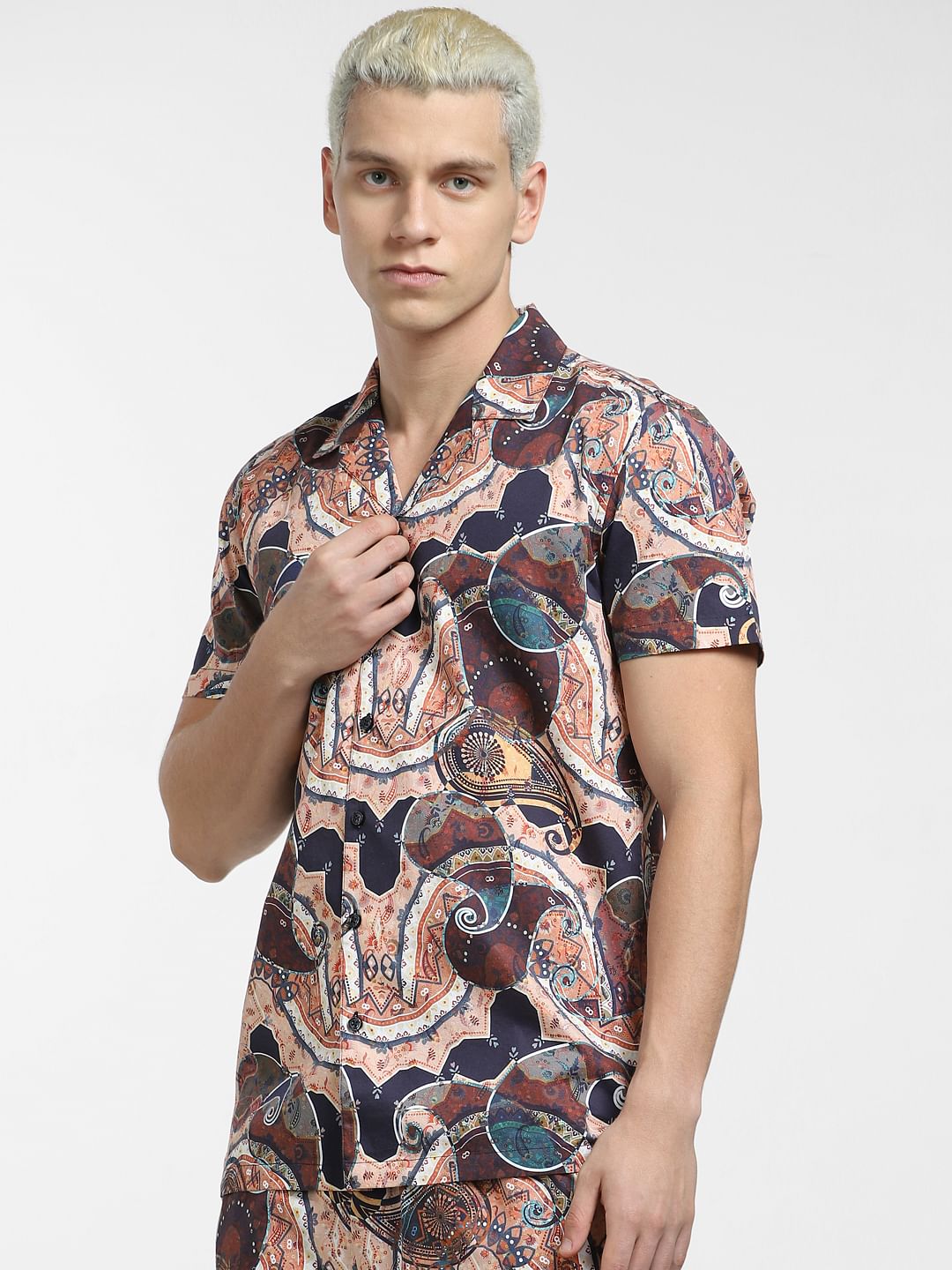 Brown Printed Short Sleeves Shirt