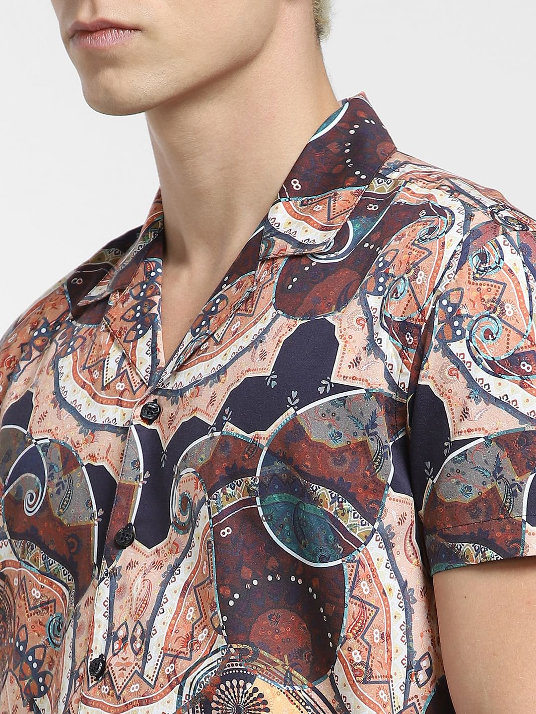 Brown Printed Short Sleeves Shirt