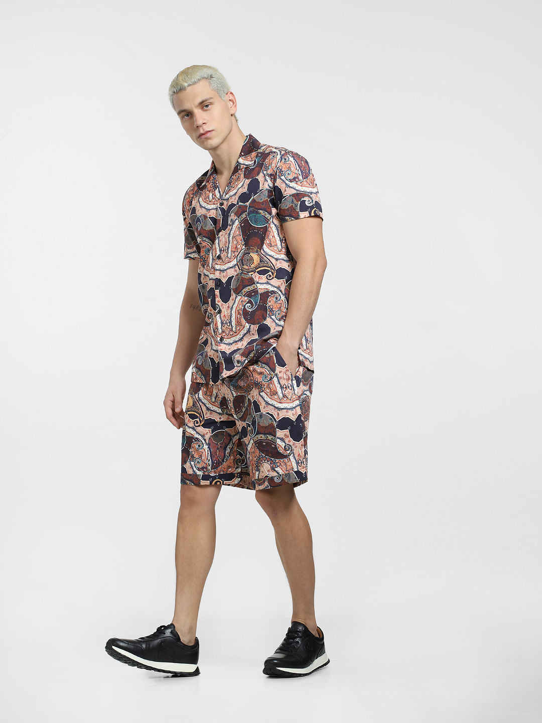 Brown Printed Short Sleeves Shirt