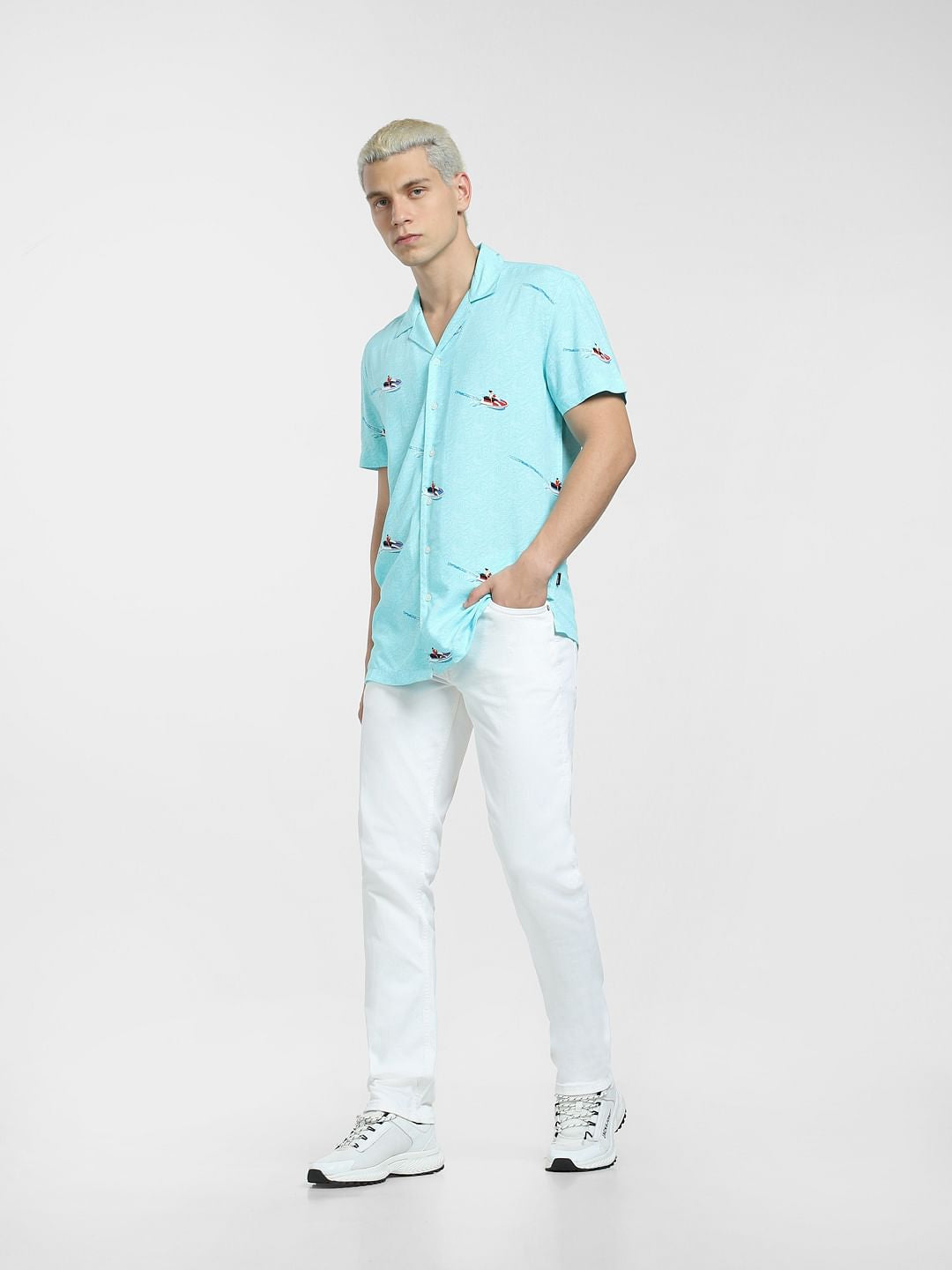 Blue Printed Short Sleeves Shirt