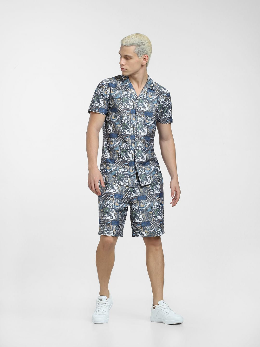 Blue Printed Short Sleeves Shirt