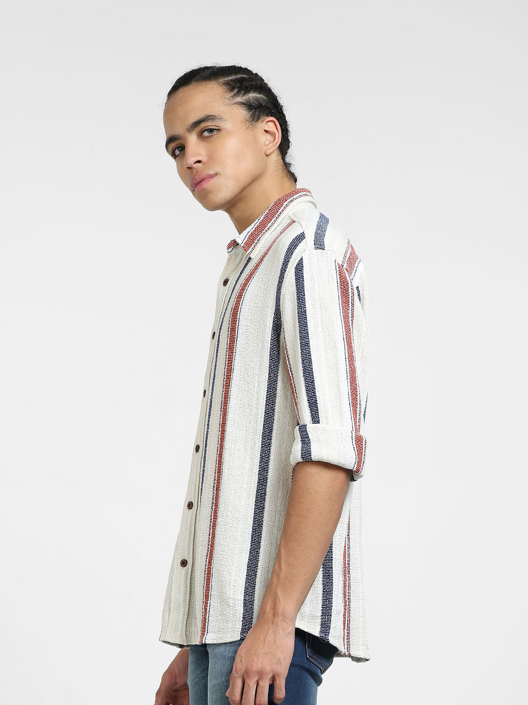 Beige Striped Full Sleeves Shirt