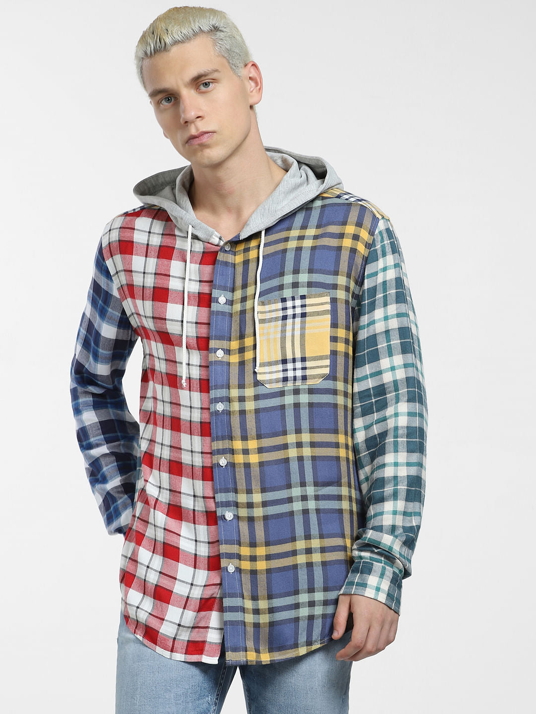 METAVERSE Blue Check Hooded Full Sleeves Shirt