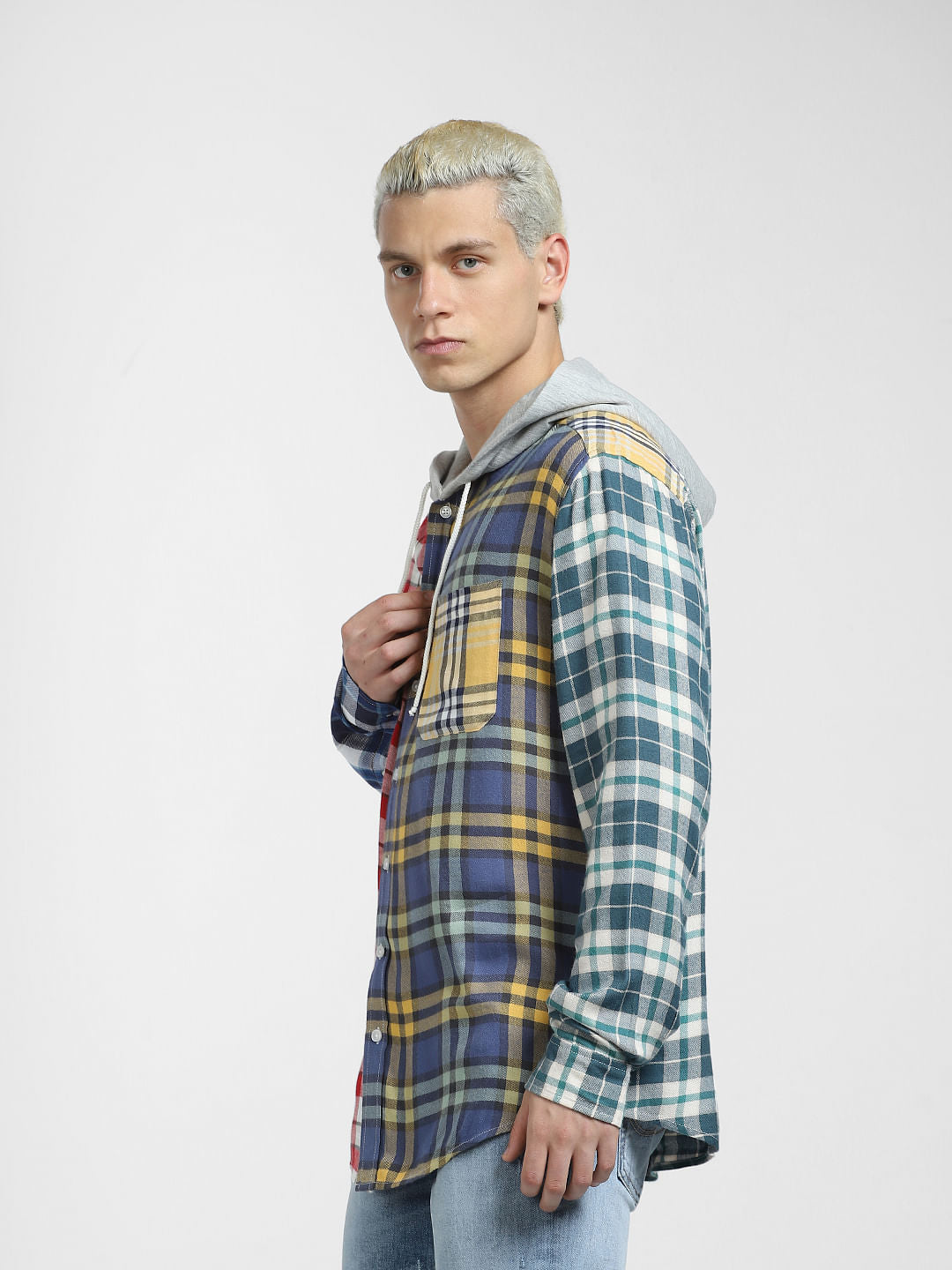 METAVERSE Blue Check Hooded Full Sleeves Shirt