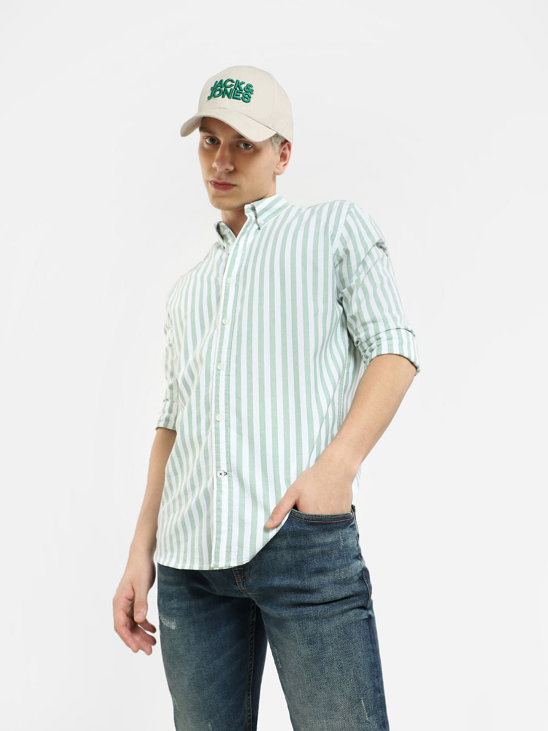 Green Striped Full Sleeves Shirt
