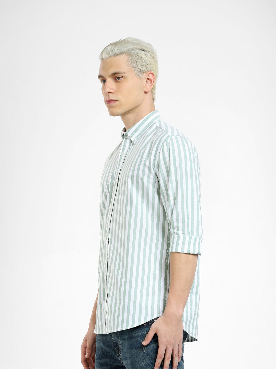 Green Striped Full Sleeves Shirt