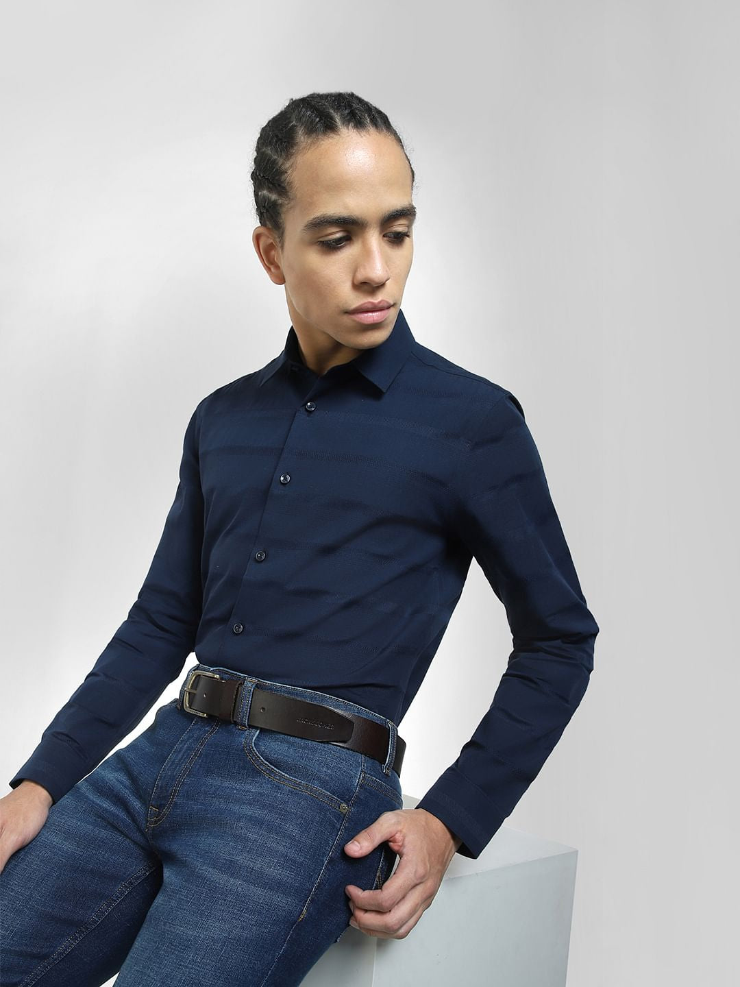 Navy Blue Striped Full Sleeves Shirt