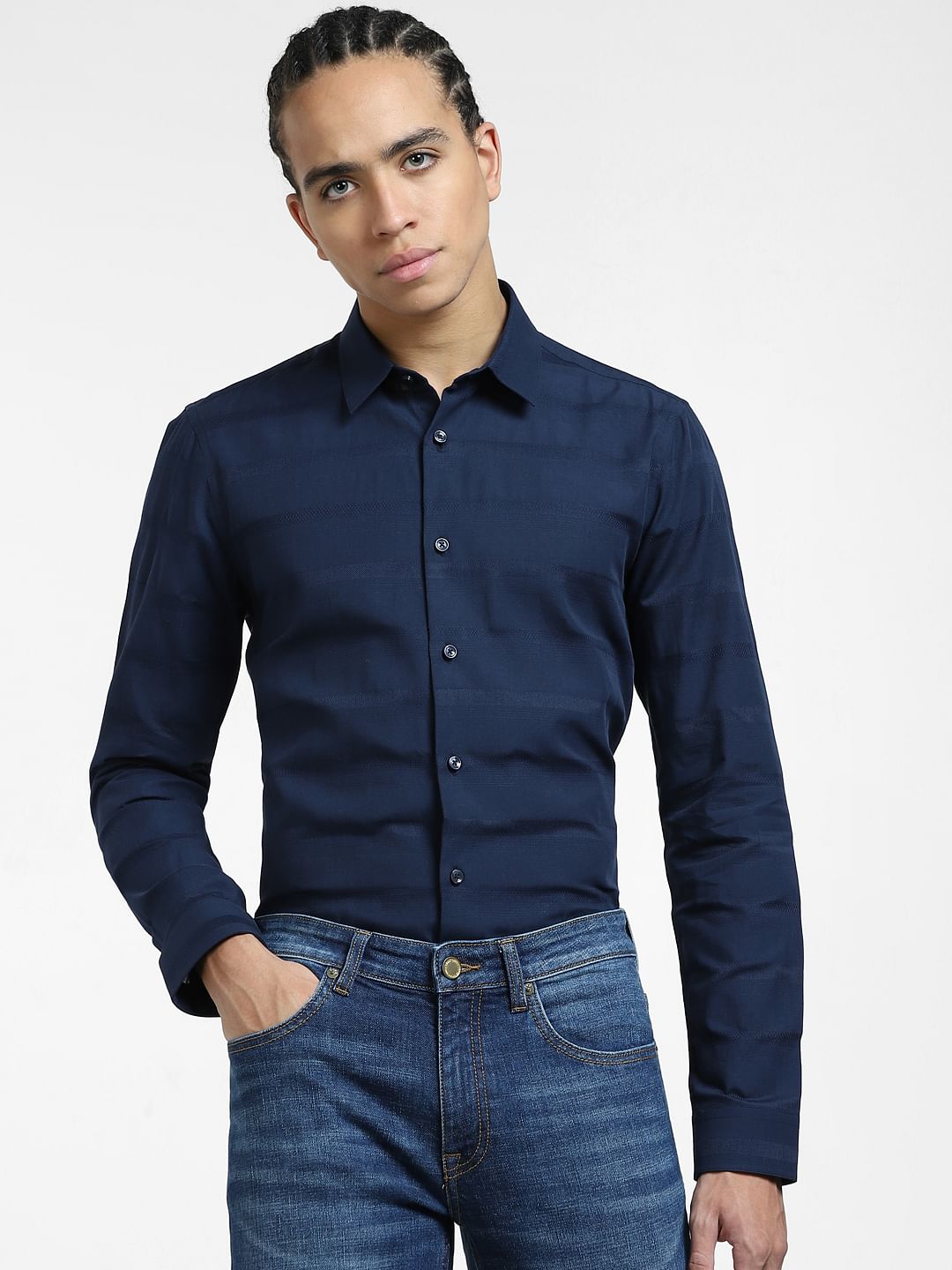 Navy Blue Striped Full Sleeves Shirt
