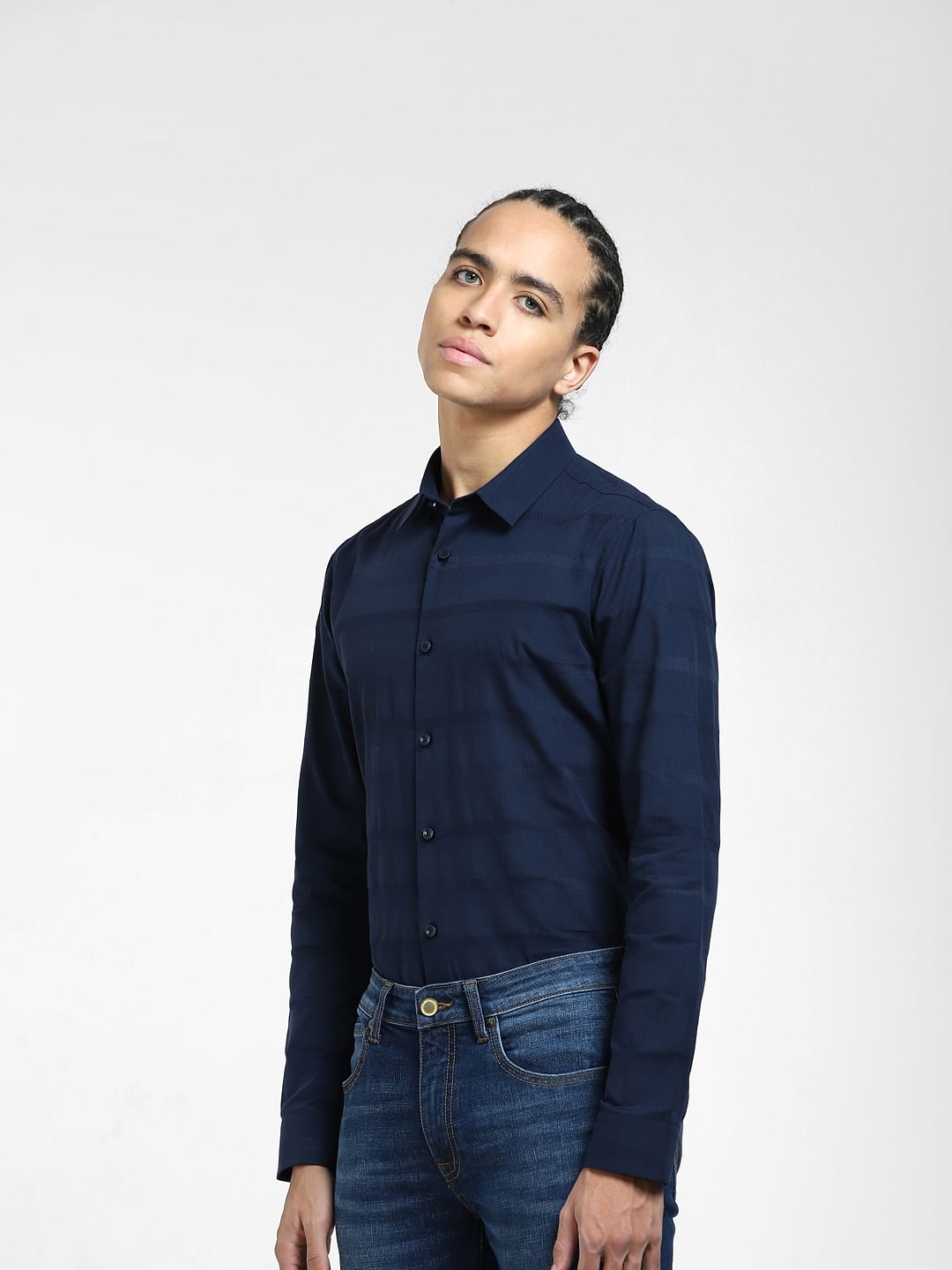 Navy Blue Striped Full Sleeves Shirt