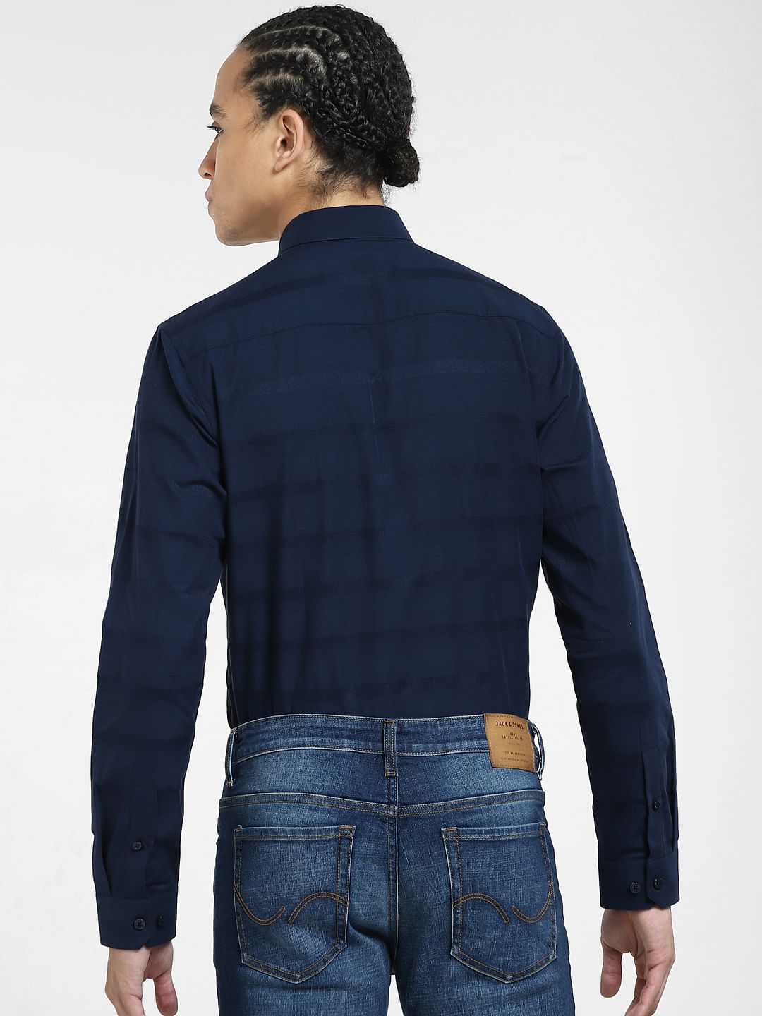 Navy Blue Striped Full Sleeves Shirt