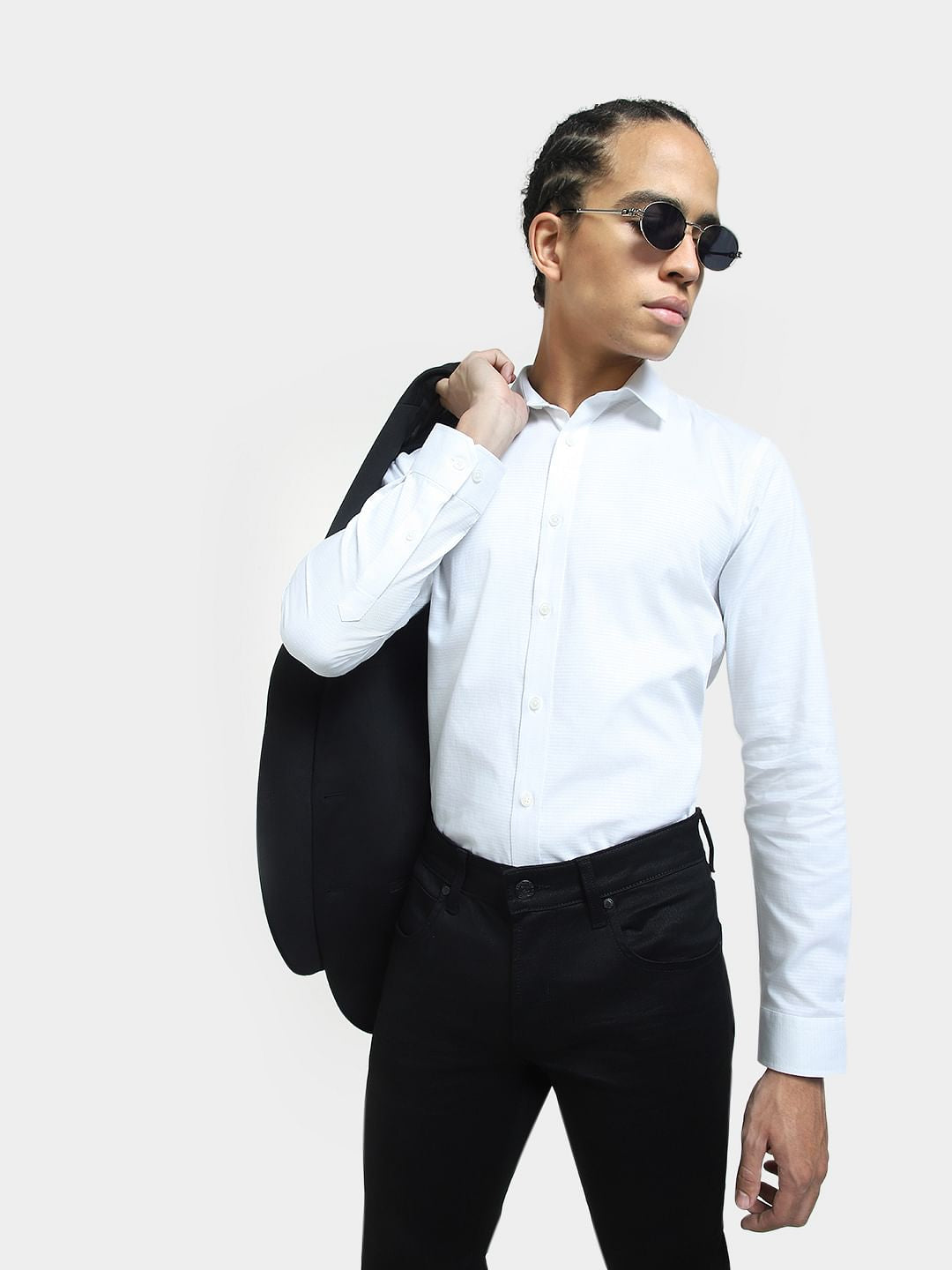 White Self-Print Full Sleeves Shirt