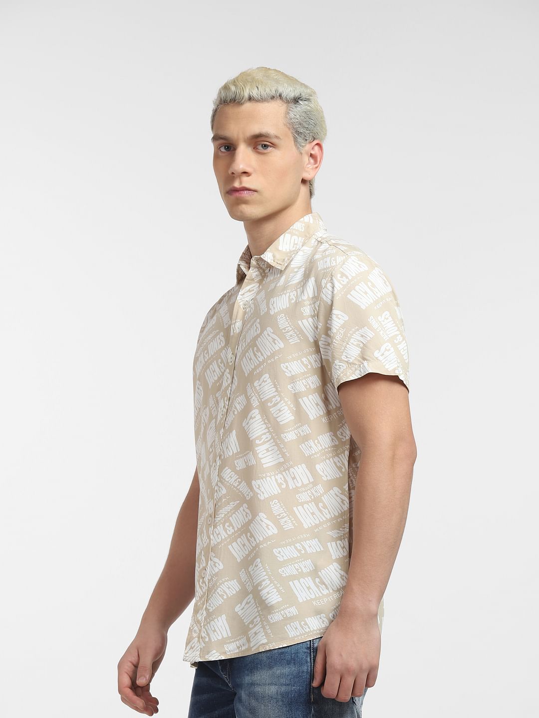 Beige Logo Print Short Sleeves Shirt