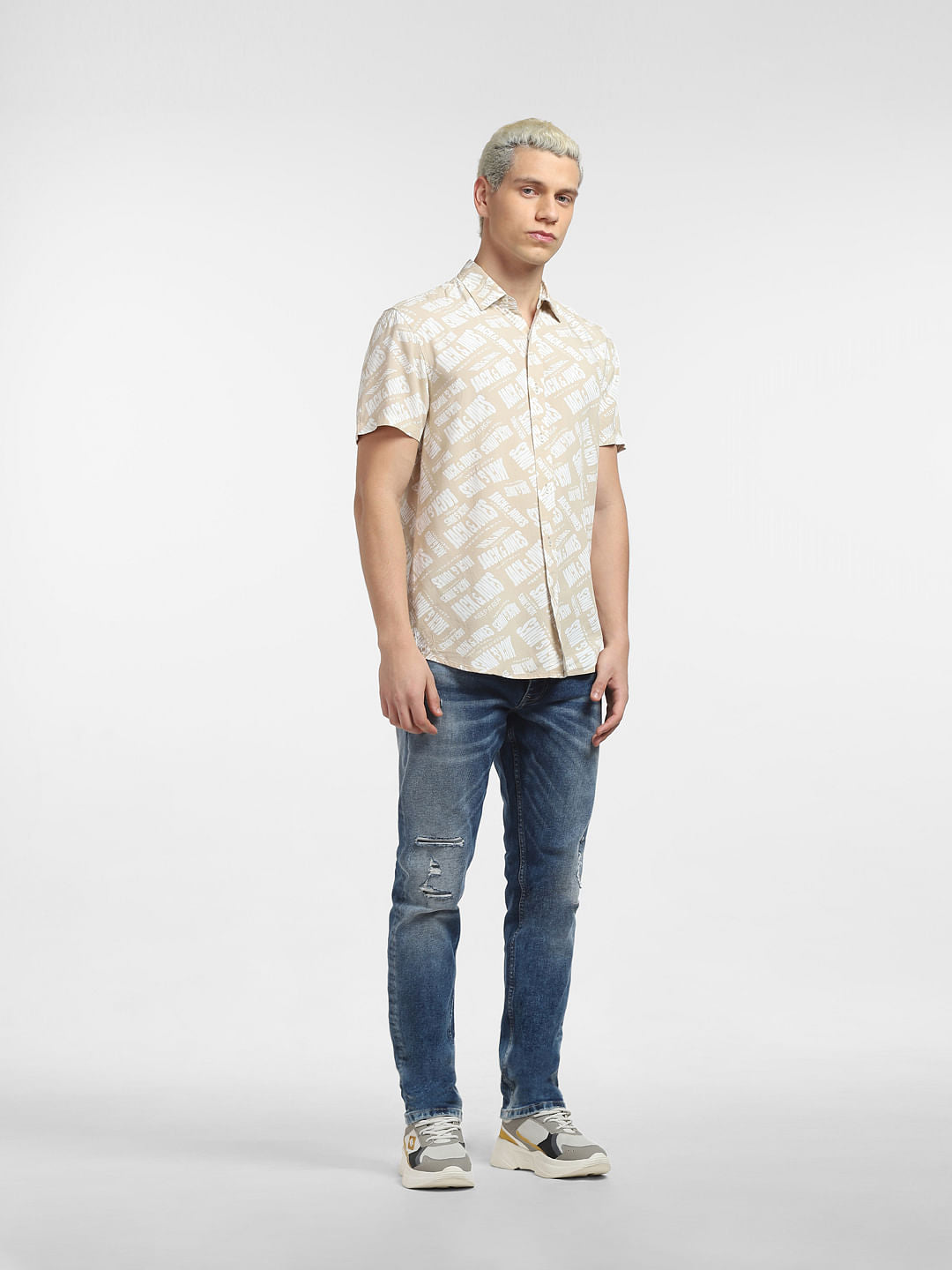 Beige Logo Print Short Sleeves Shirt