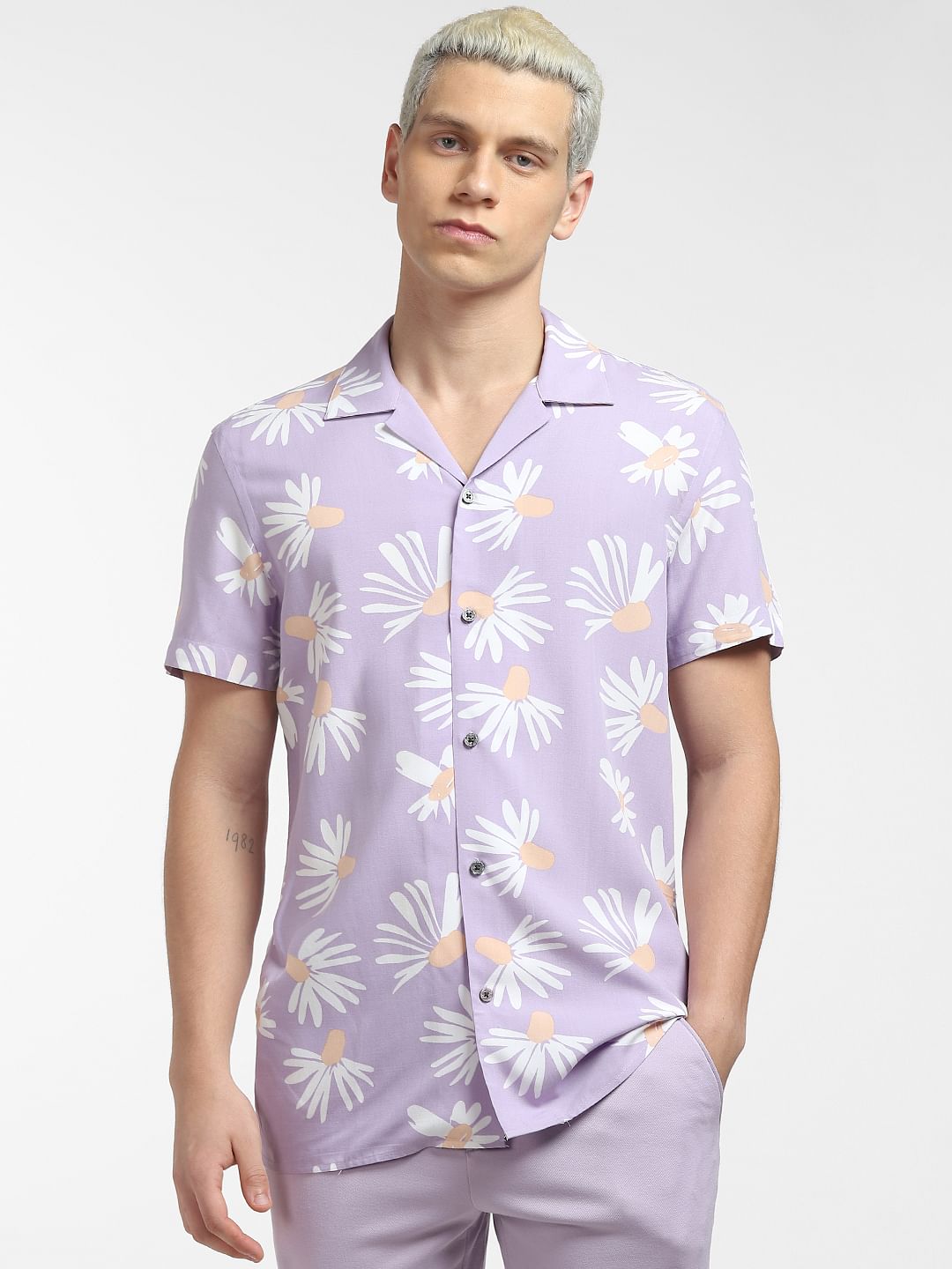 Purple Floral Print Short Sleeves Shirt