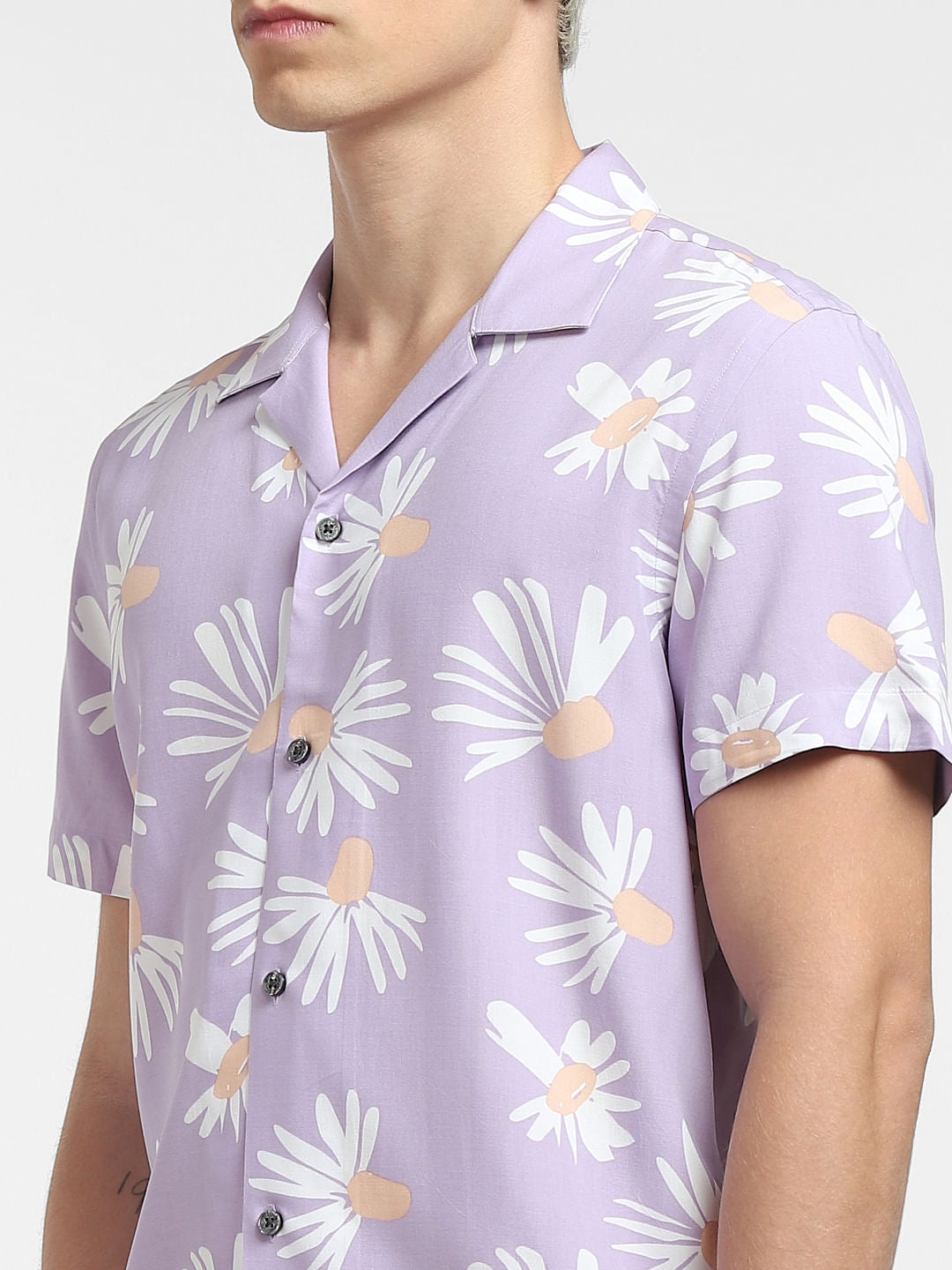Purple Floral Print Short Sleeves Shirt