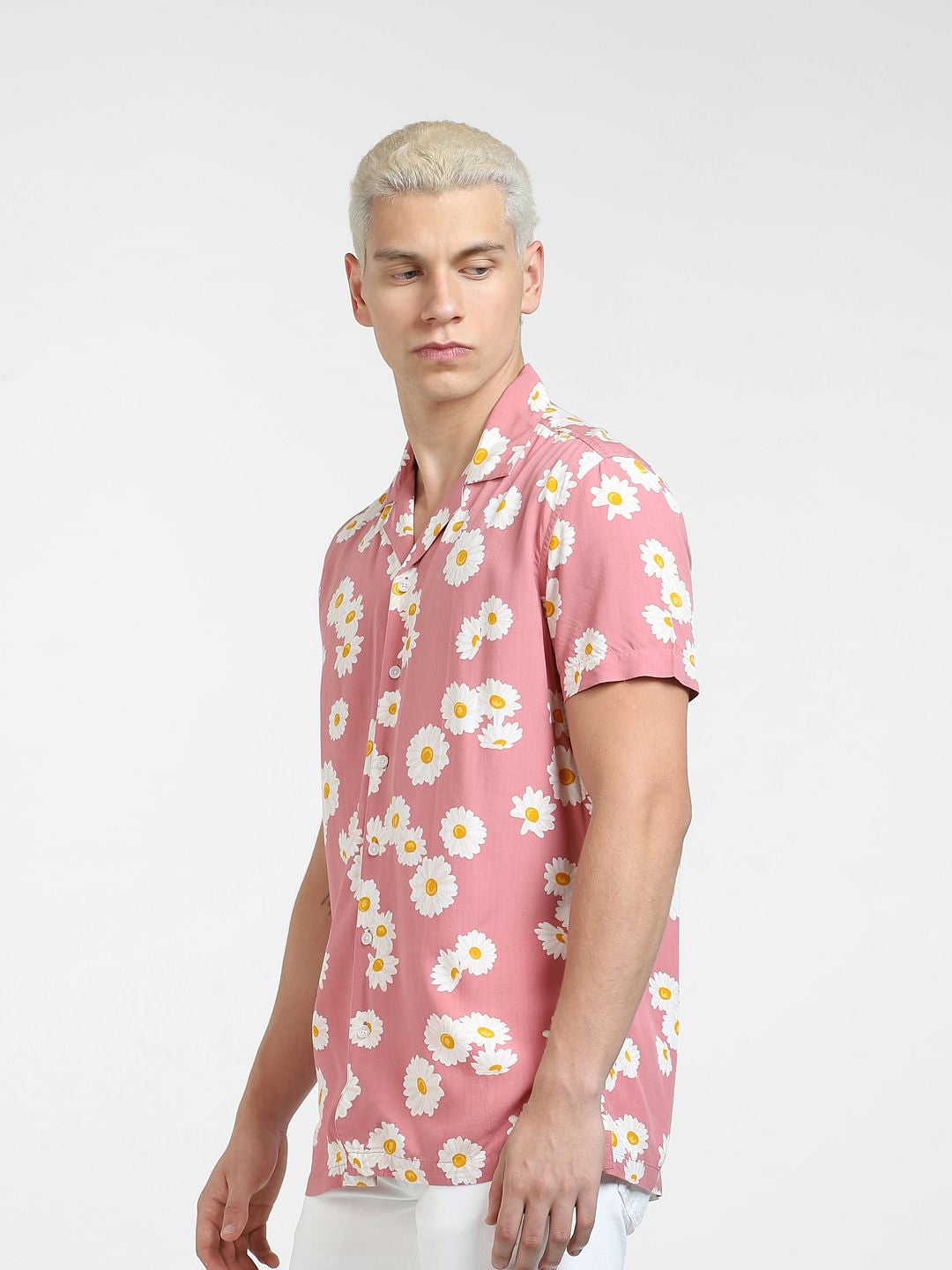 Pink Floral Print Short Sleeves Shirt