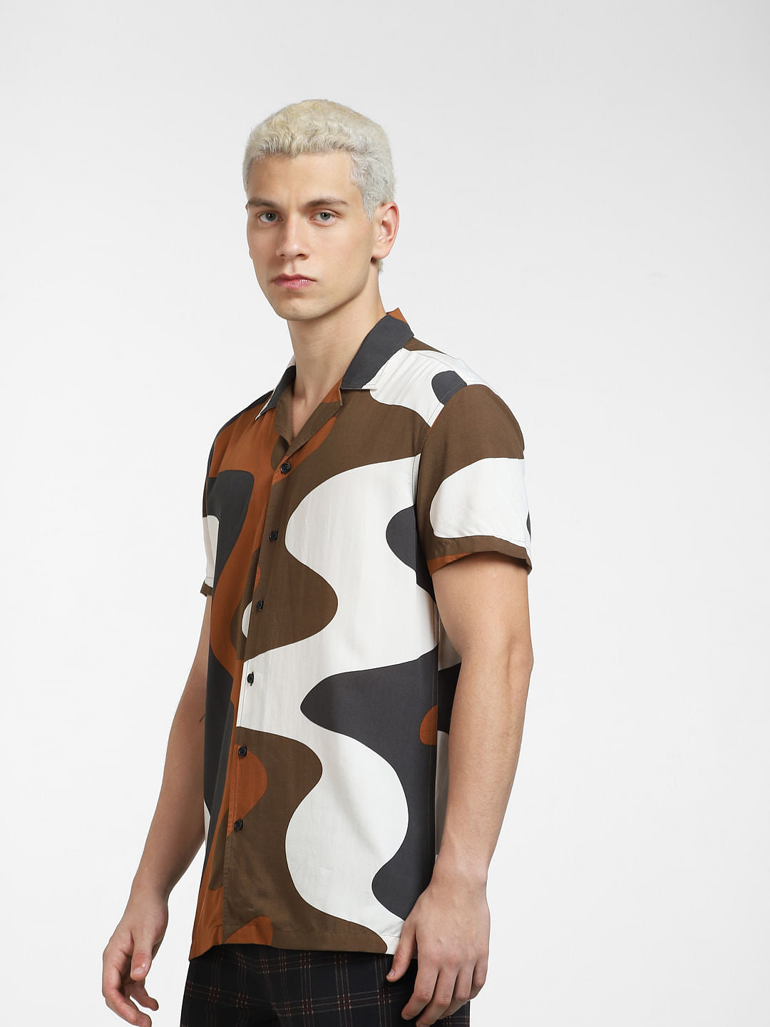 Brown Printed Short Sleeves Shirt