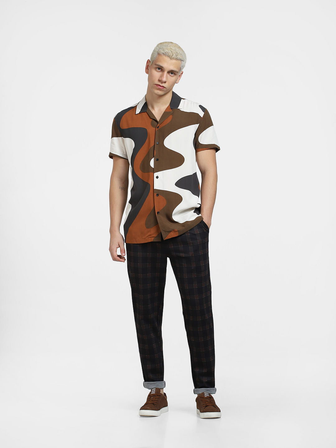 Brown Printed Short Sleeves Shirt