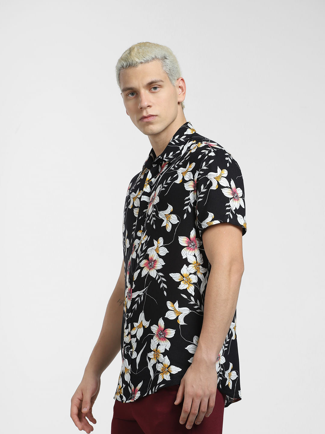 Black Floral Print Short Sleeves Shirt