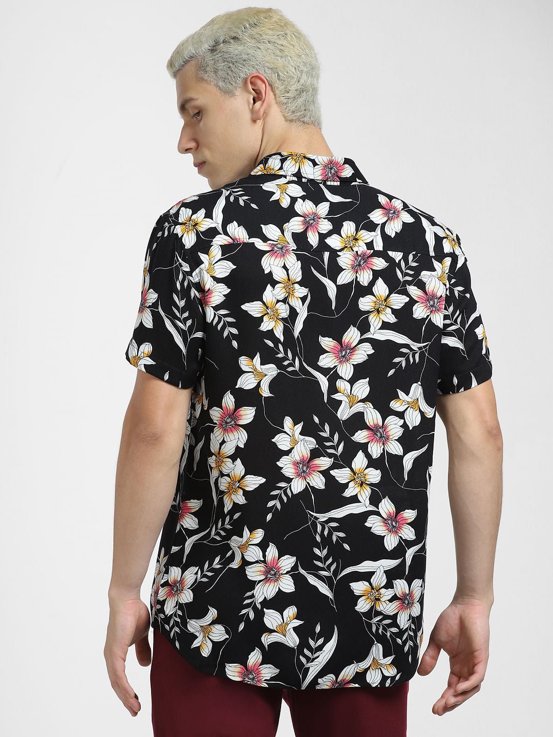 Black Floral Print Short Sleeves Shirt