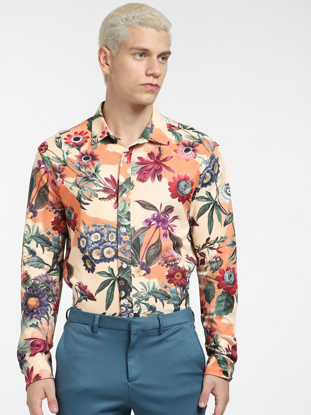 Peach Floral Full Sleeves Shirt