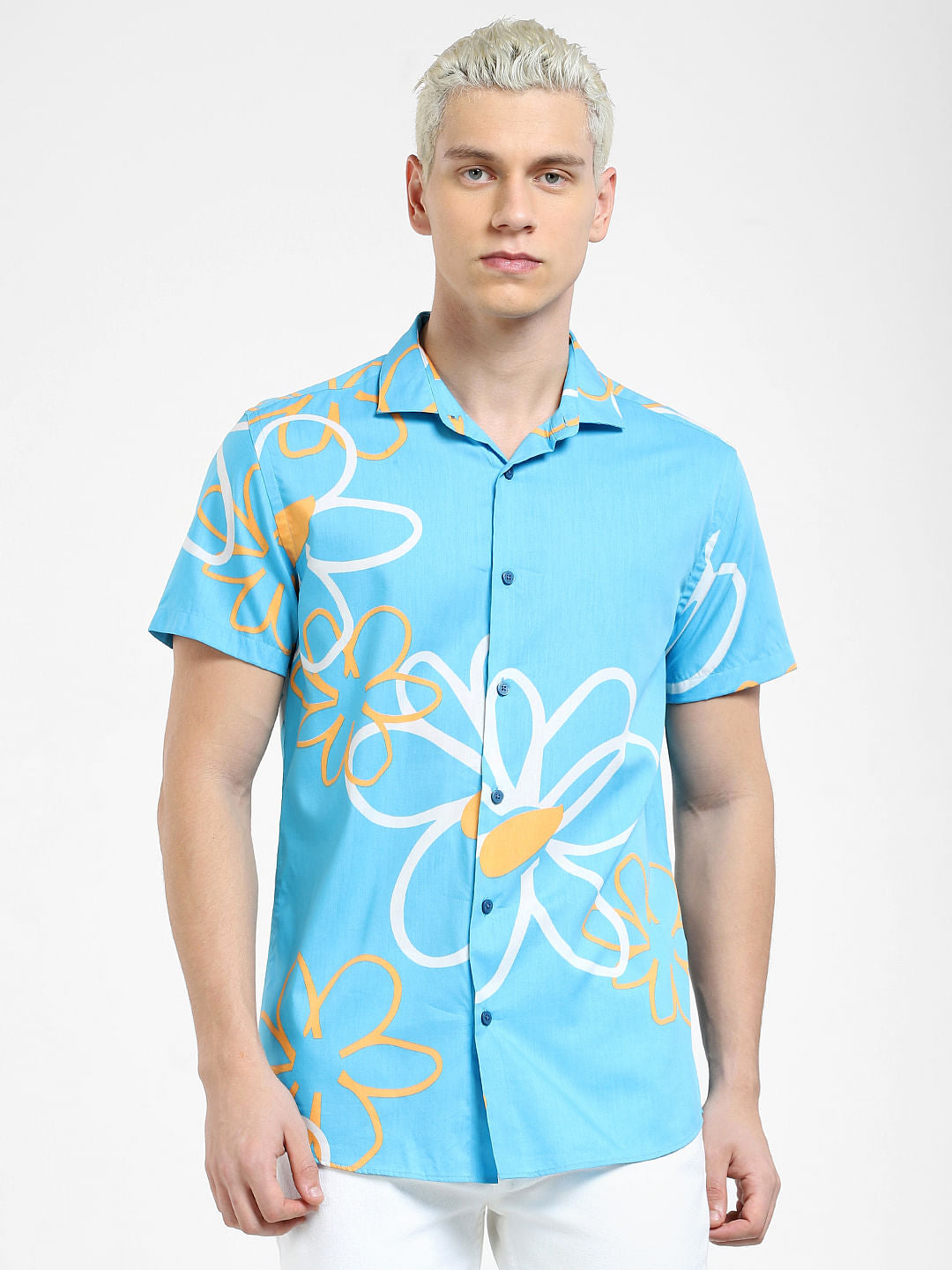 Blue Floral Short Sleeves Shirt