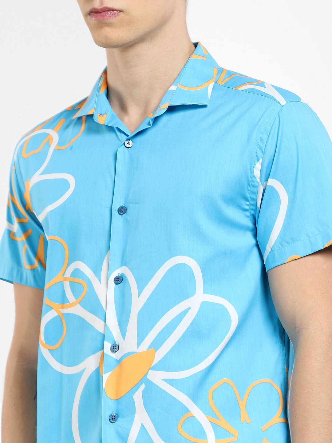 Blue Floral Short Sleeves Shirt