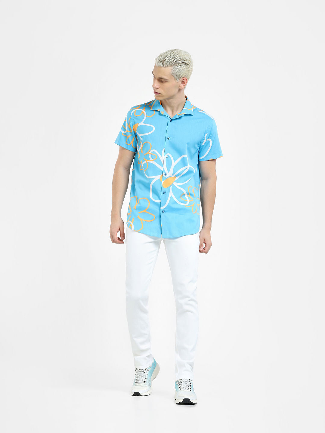 Blue Floral Short Sleeves Shirt