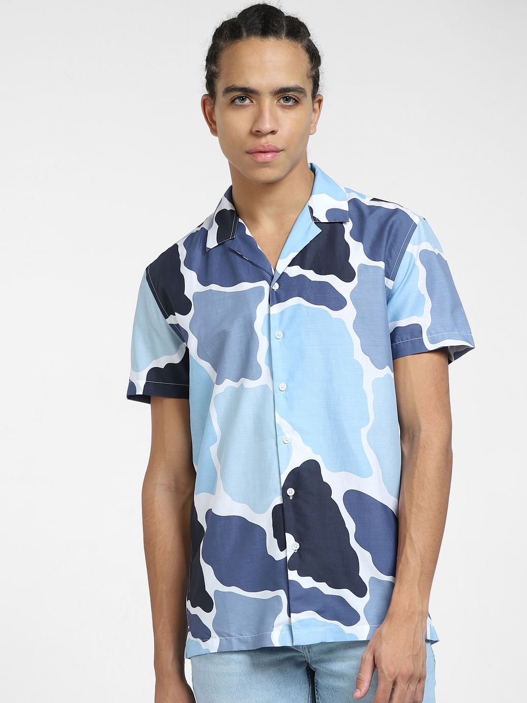 Blue Printed Short Sleeves Shirt