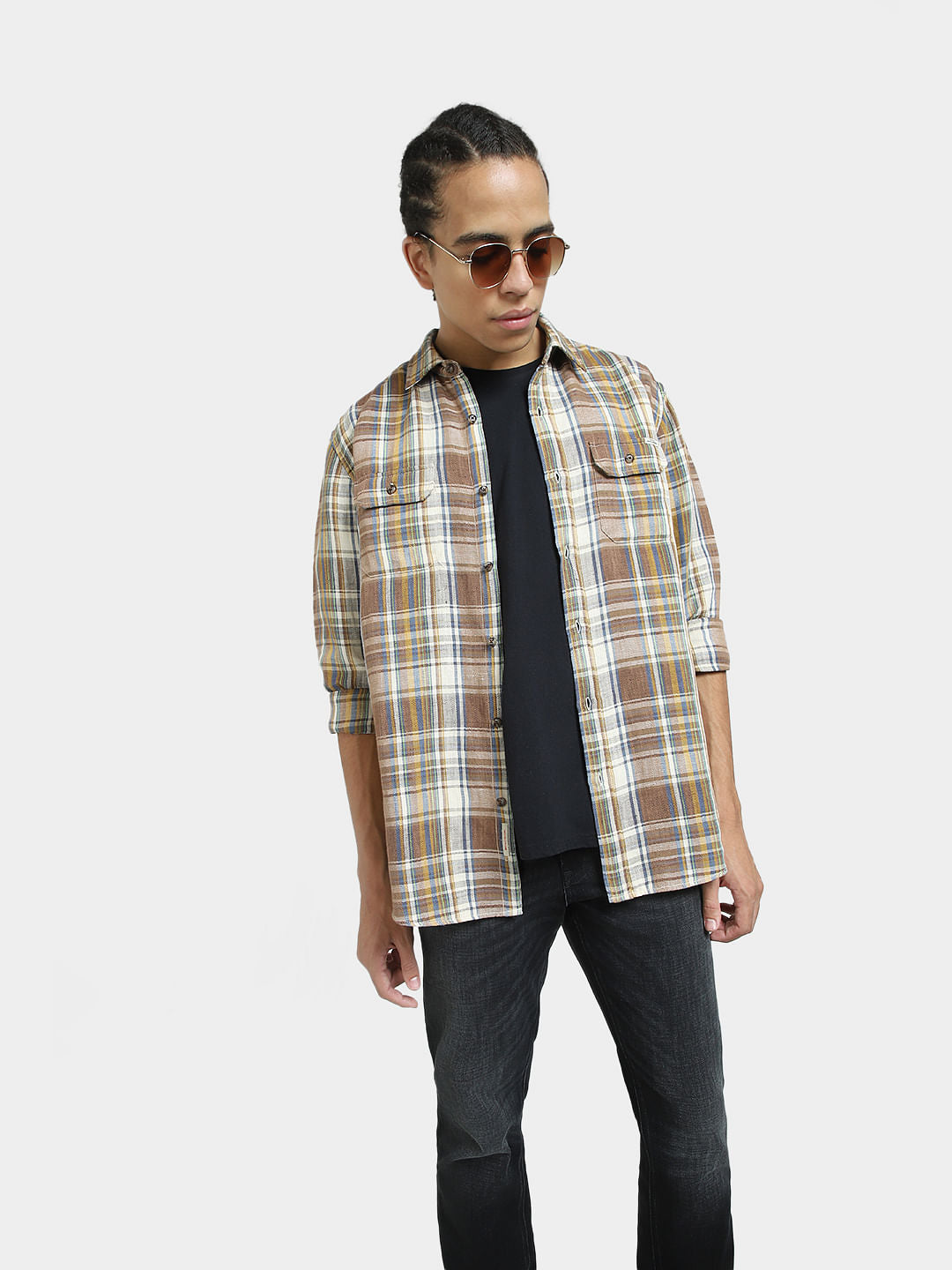 Brown Check Linen Full Sleeves Shirt
