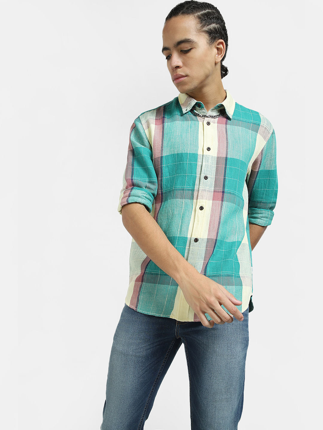 Green Check Print Linen Shirt