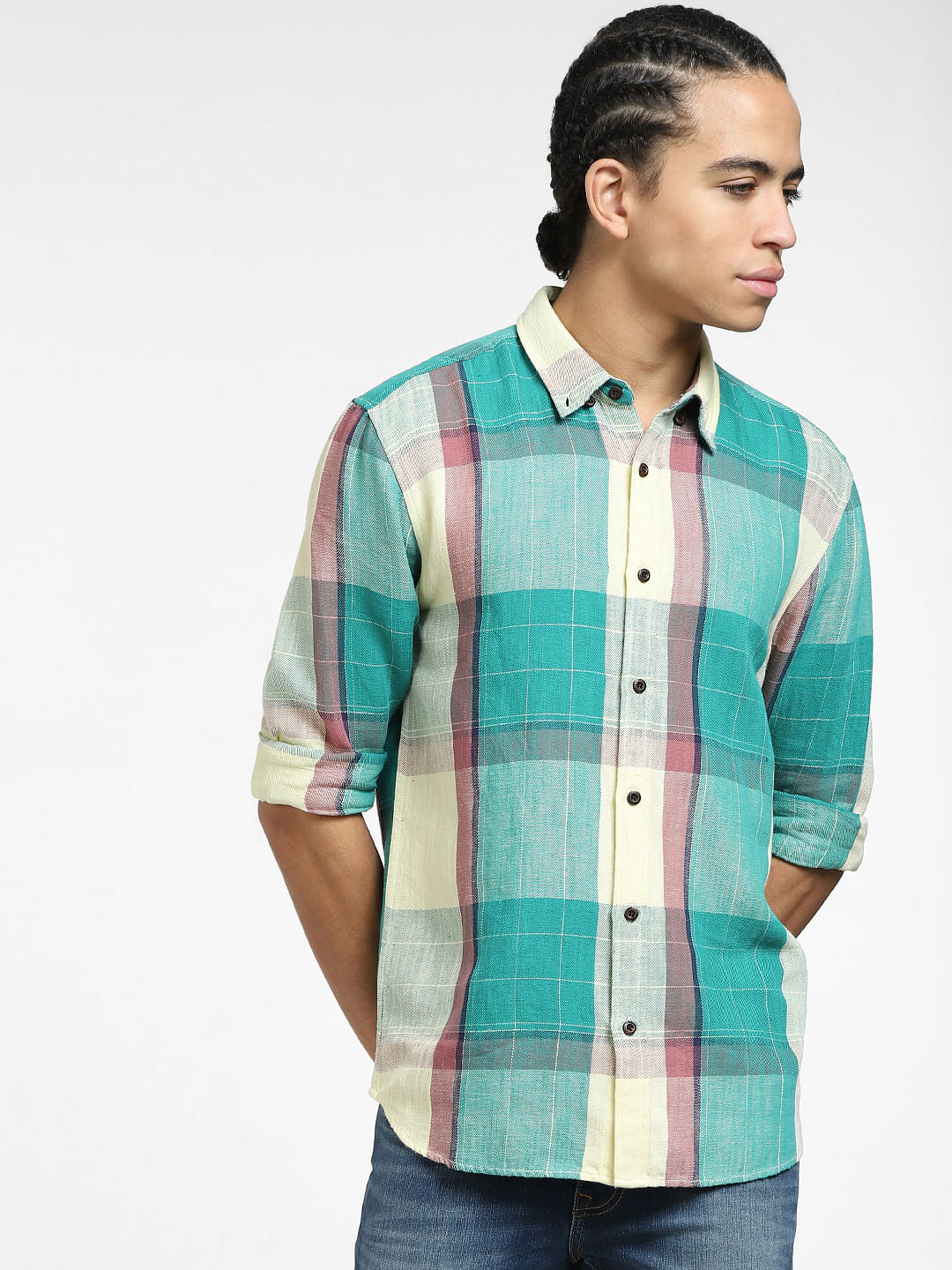 Green Check Print Linen Shirt