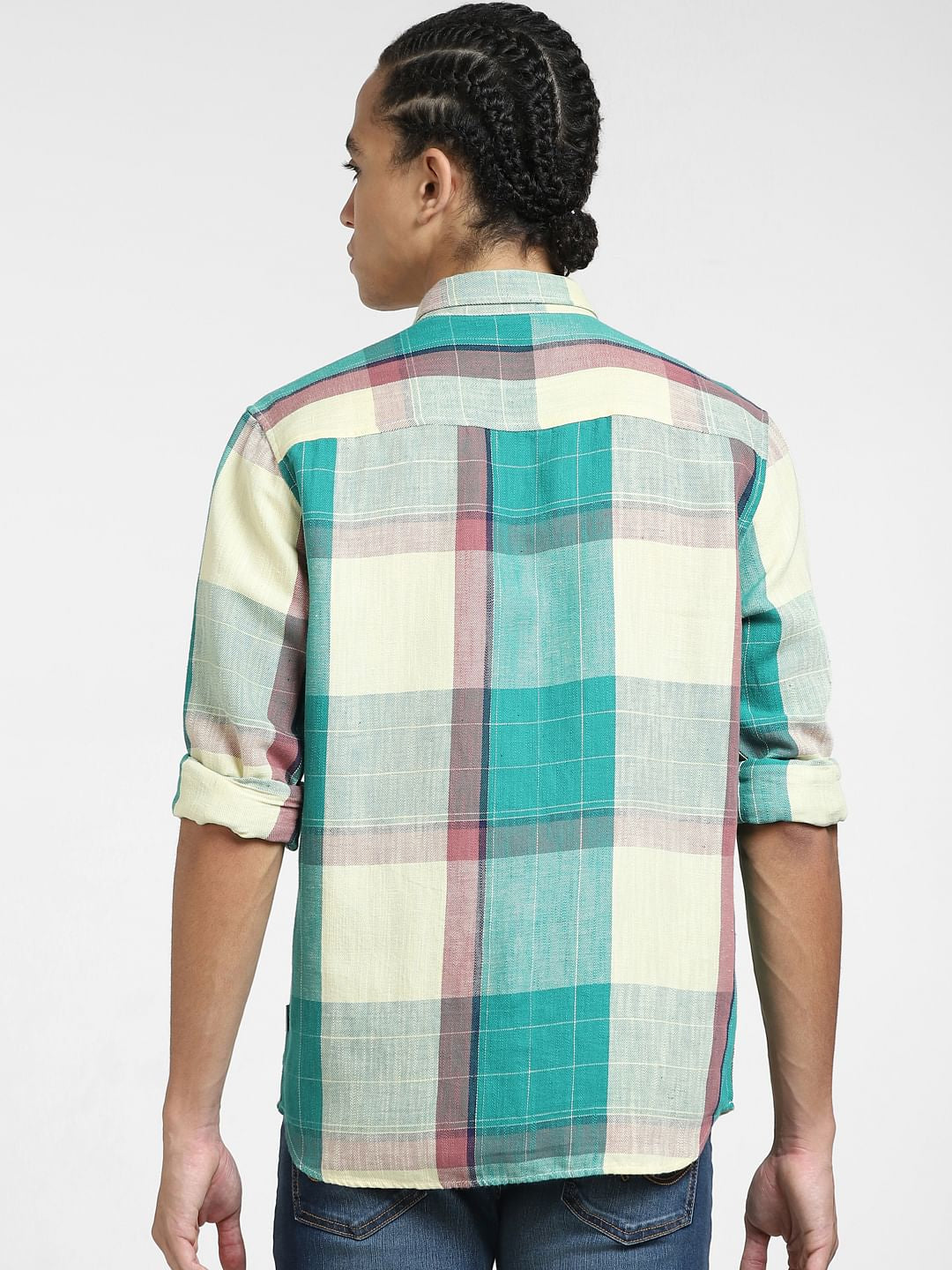 Green Check Print Linen Shirt