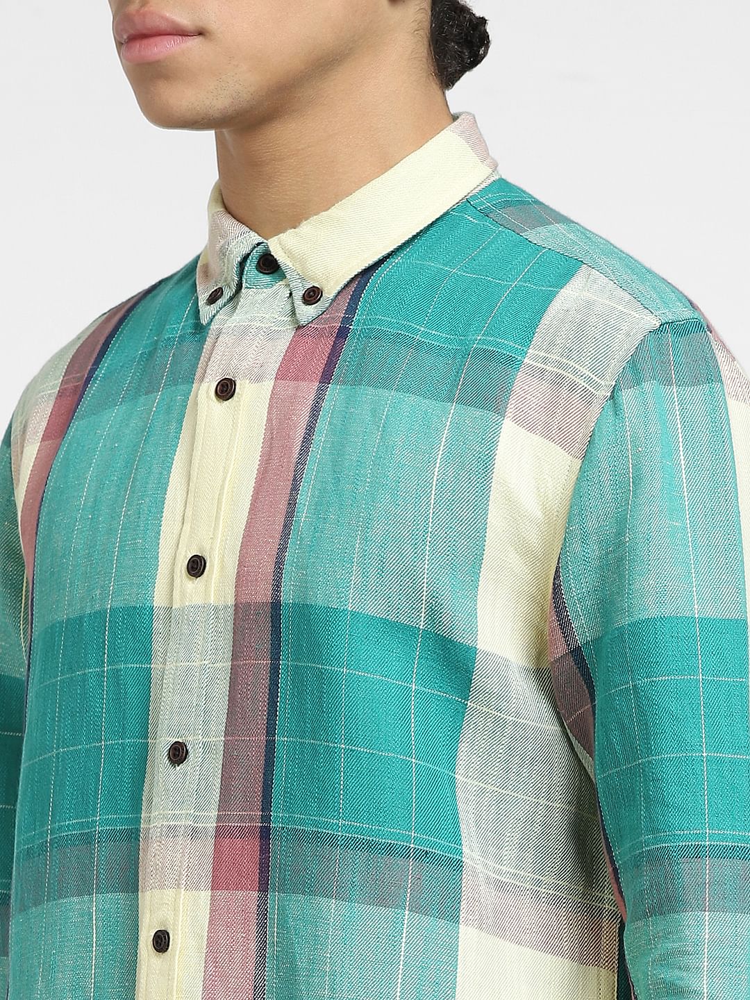 Green Check Print Linen Shirt