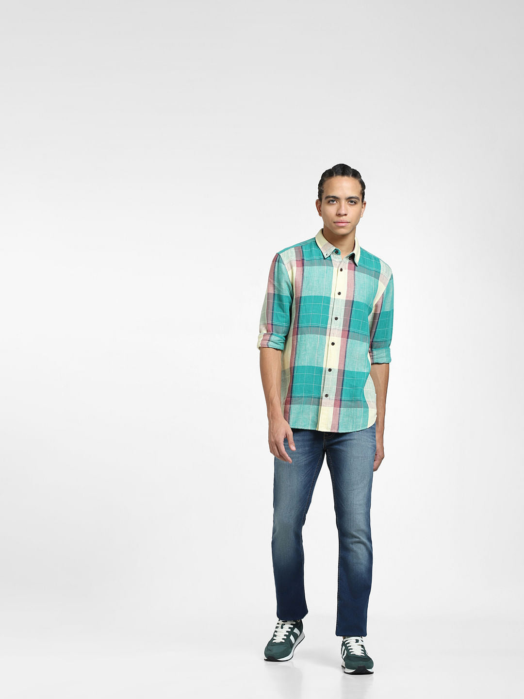 Green Check Print Linen Shirt