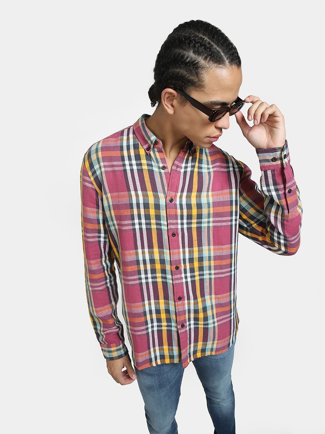 Pink Check Print Linen Shirt