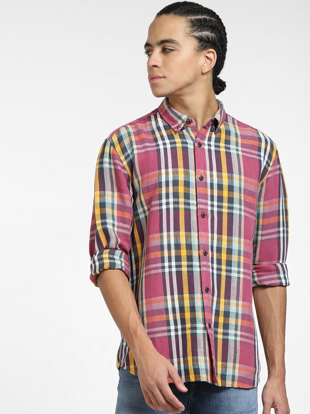 Pink Check Print Linen Shirt