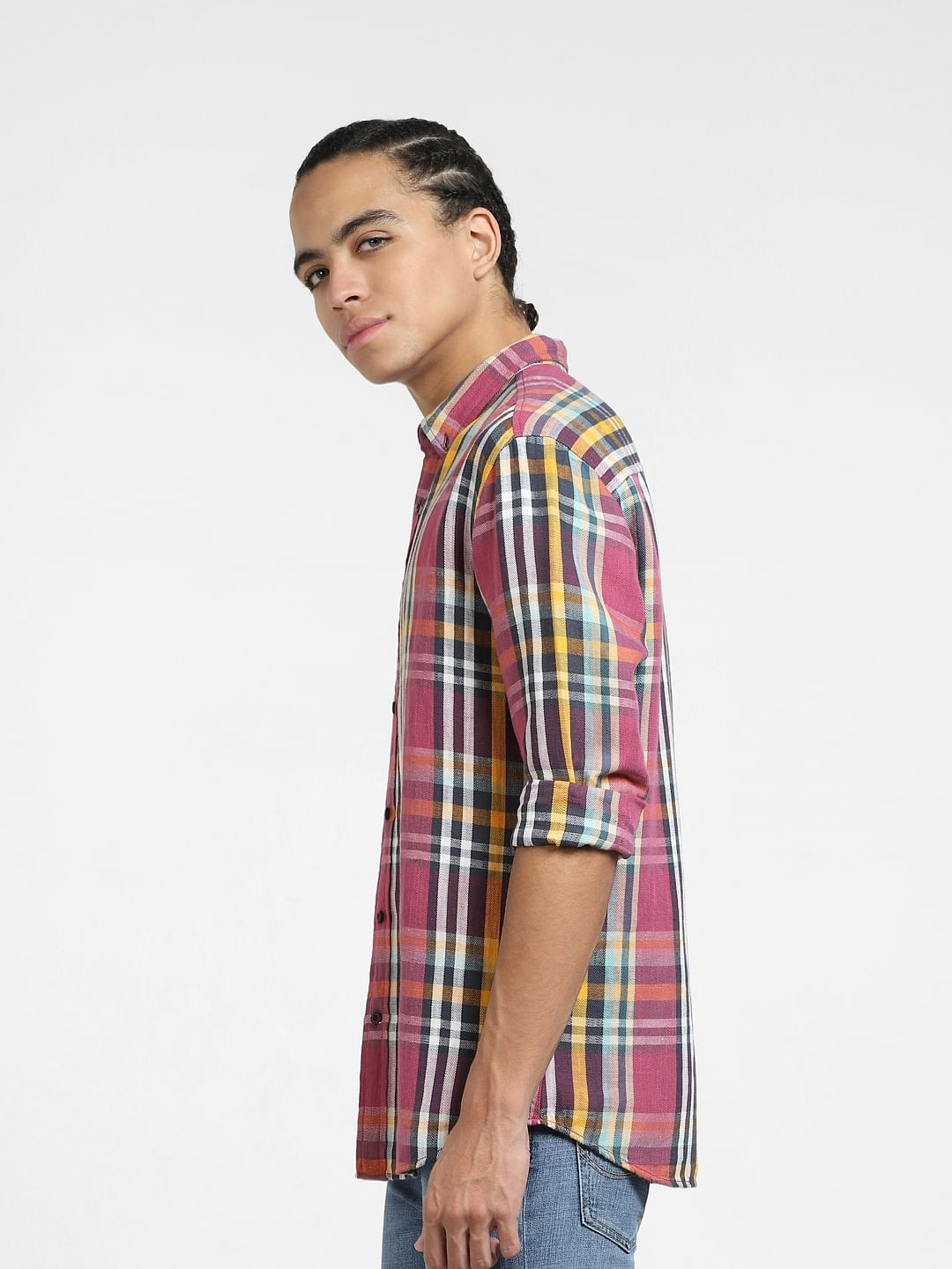 Pink Check Print Linen Shirt