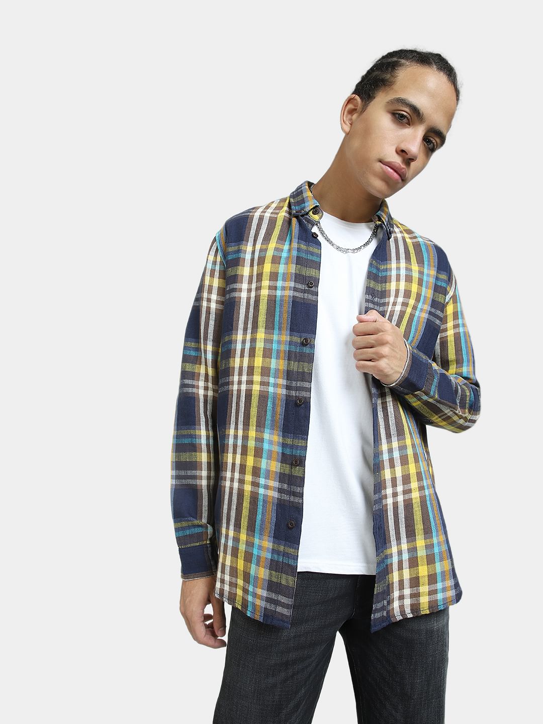 Navy Blue Check Print Linen Shirt