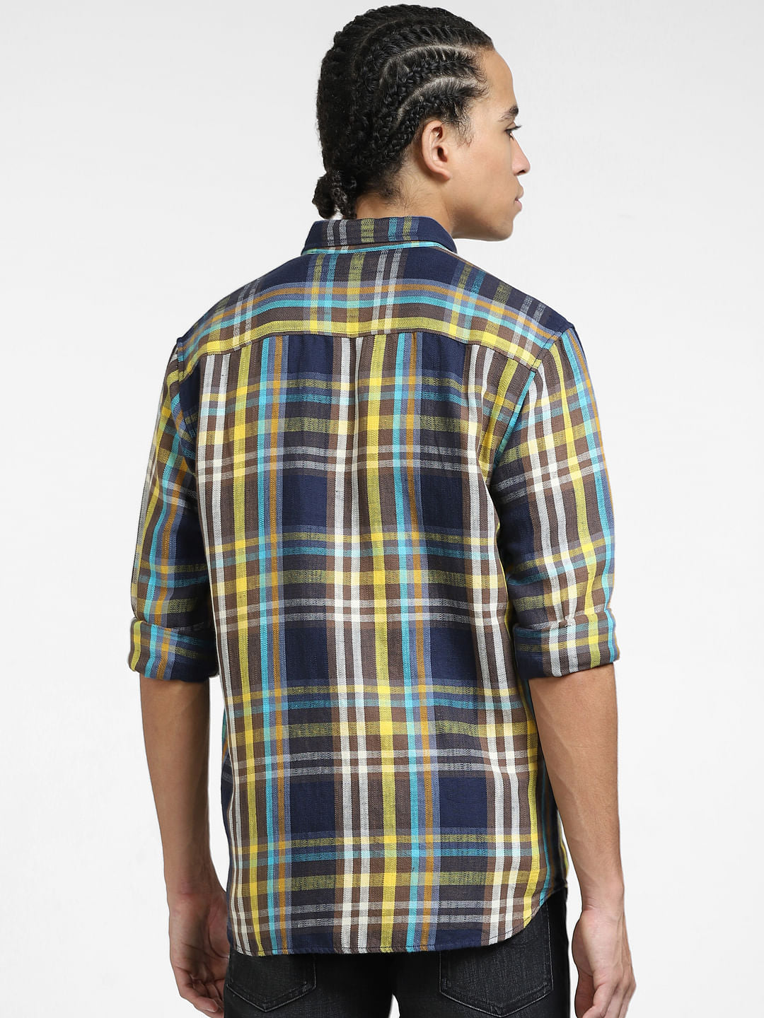 Navy Blue Check Print Linen Shirt