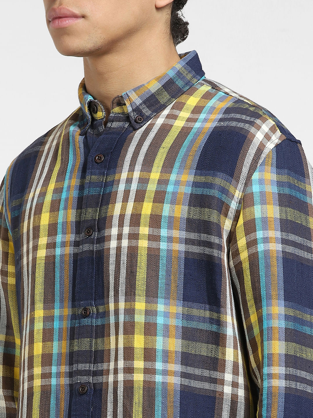 Navy Blue Check Print Linen Shirt