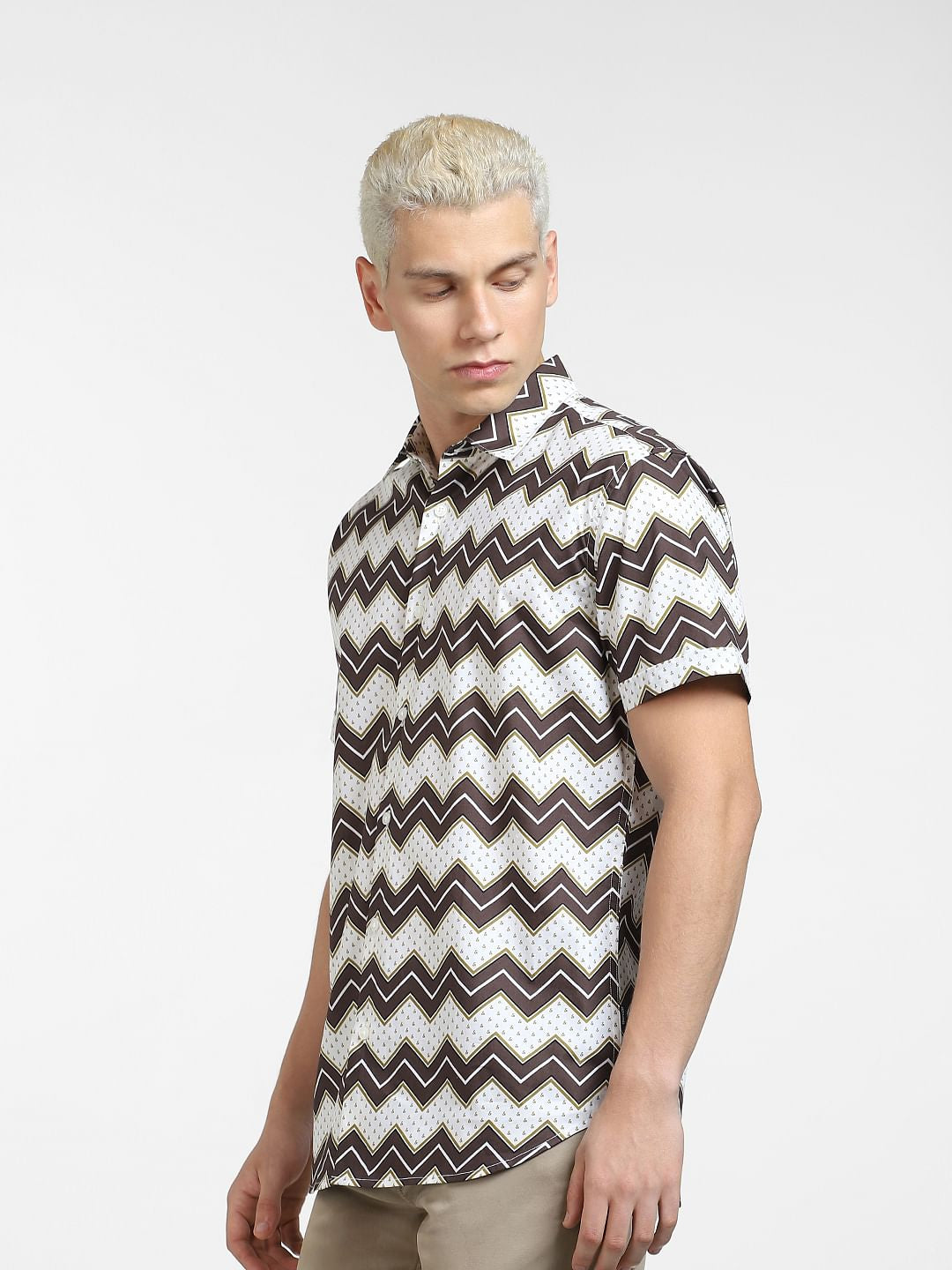 Brown Abstract Print Short Sleeves Shirt